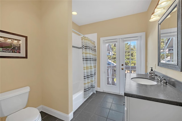 full bathroom with vanity, tile patterned floors, toilet, and shower / bathtub combination with curtain