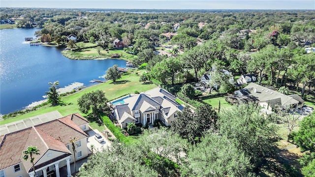 drone / aerial view with a water view