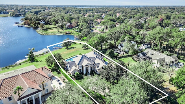 drone / aerial view with a water view