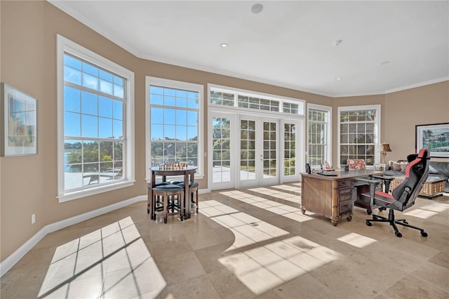 office featuring french doors and ornamental molding