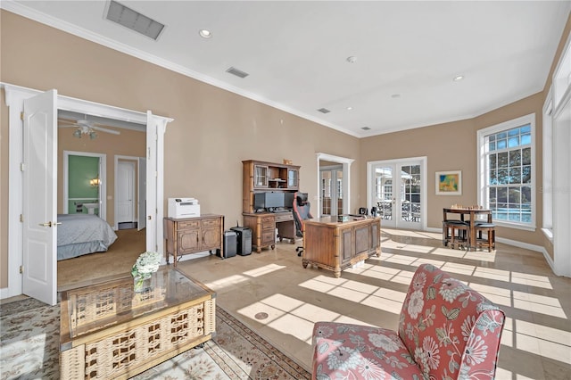 interior space featuring crown molding and french doors