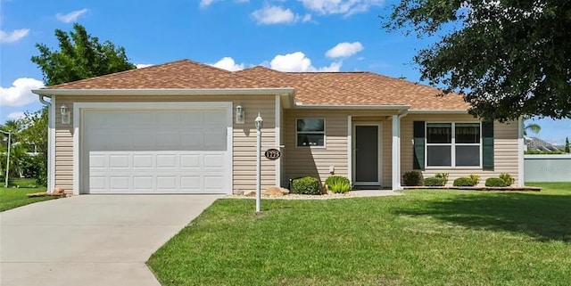 single story home featuring a garage and a front yard