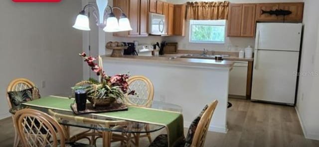 kitchen with pendant lighting, white appliances, and light hardwood / wood-style floors