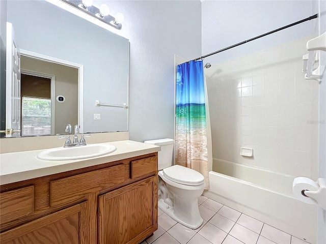 full bathroom with tile patterned flooring, vanity, shower / bath combo, and toilet