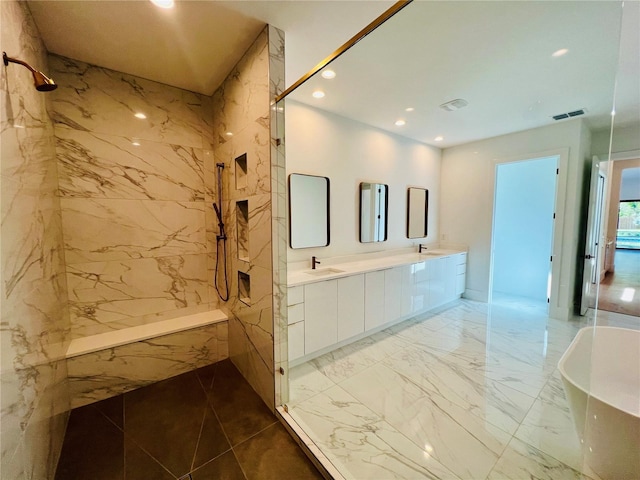 bathroom with vanity and plus walk in shower