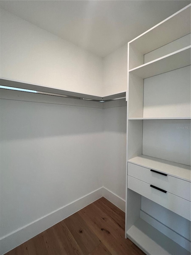 walk in closet with dark wood-type flooring