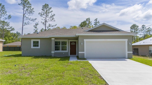 ranch-style house with a front yard and a garage