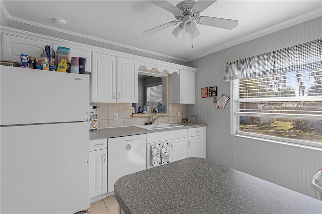 kitchen featuring white cabinetry, sink, white appliances, and ornamental molding