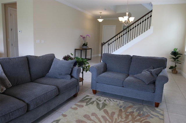 living room featuring a chandelier, crown molding, and light tile patterned flooring