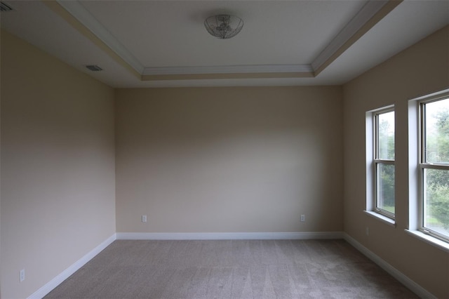 spare room with a tray ceiling, plenty of natural light, and ornamental molding