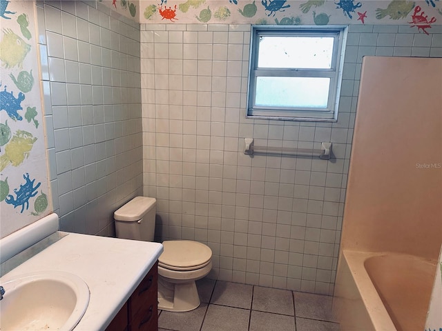 full bathroom with vanity, plus walk in shower, tile walls, tile patterned flooring, and toilet