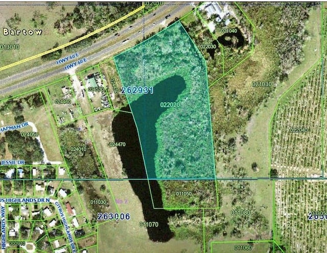 aerial view of property's location featuring property parcel outlined