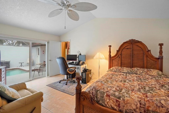 bedroom featuring a textured ceiling, access to outside, vaulted ceiling, ceiling fan, and light tile patterned floors