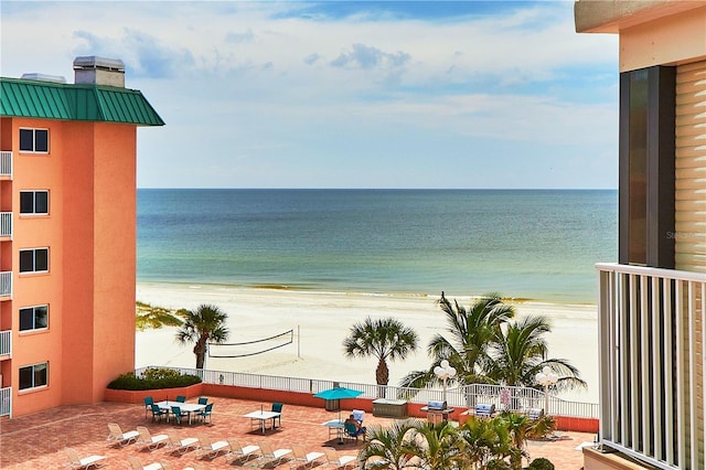 view of water feature with a beach view