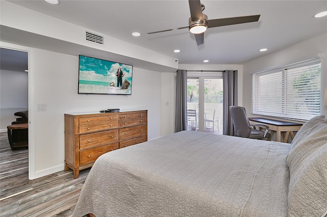 bedroom featuring ceiling fan, access to exterior, and wood-type flooring