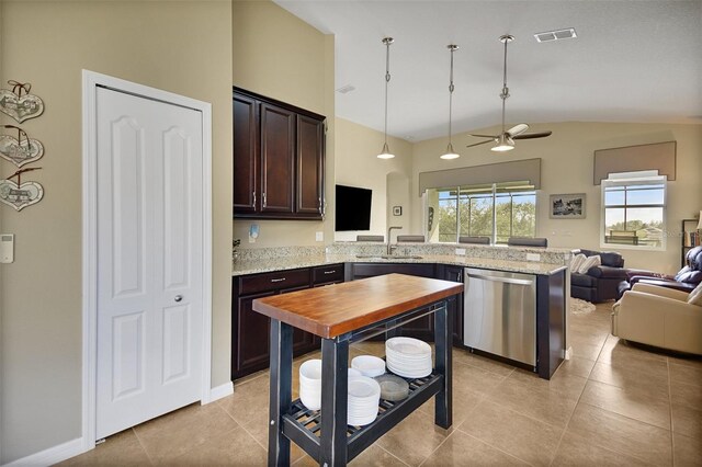 kitchen featuring dark brown cabinetry, vaulted ceiling, ceiling fan, sink, and dishwasher