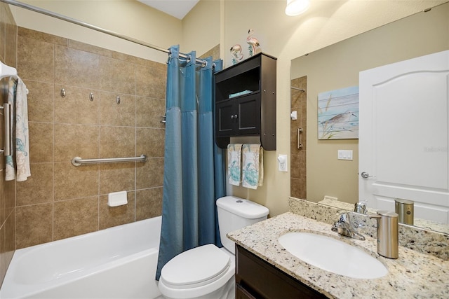 full bathroom with vanity, toilet, and shower / bathtub combination with curtain