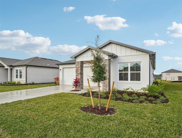 single story home with a garage and a front lawn