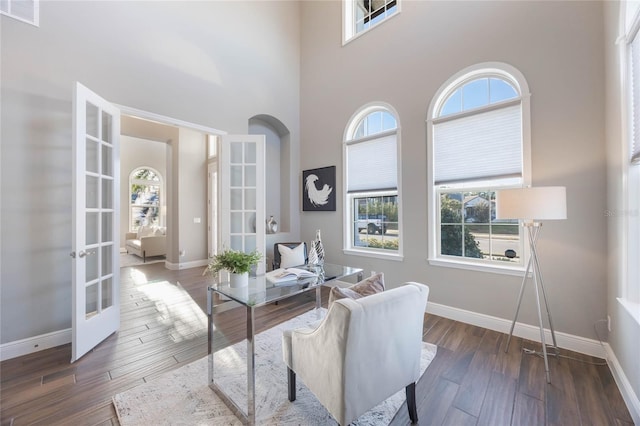 interior space with a healthy amount of sunlight, dark wood-type flooring, a high ceiling, and french doors