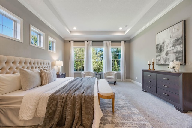 carpeted bedroom featuring a raised ceiling and crown molding