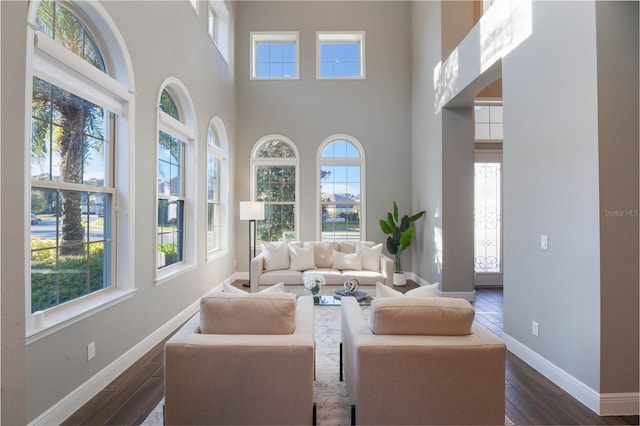 living room with a high ceiling, a healthy amount of sunlight, and dark hardwood / wood-style floors