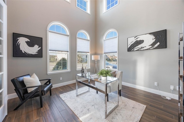 office space with dark hardwood / wood-style flooring, a high ceiling, and a wealth of natural light