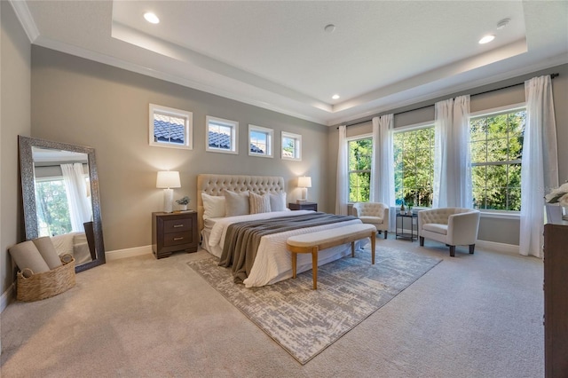 bedroom with a raised ceiling, light carpet, and multiple windows