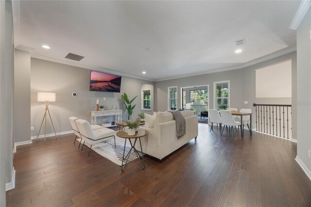 living room featuring dark hardwood / wood-style flooring and ornamental molding