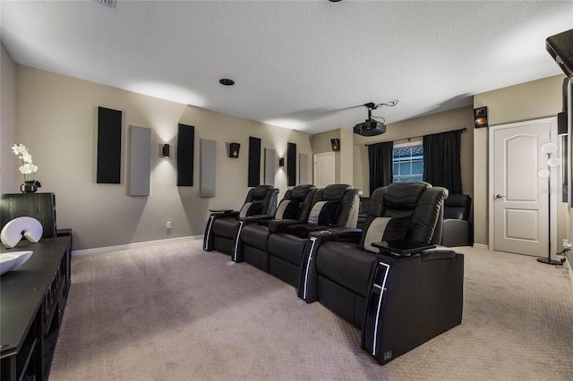 home theater with carpet flooring and a textured ceiling