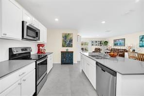 kitchen with white cabinets, a kitchen island, and appliances with stainless steel finishes