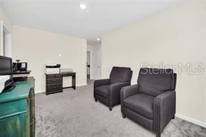 sitting room featuring light carpet