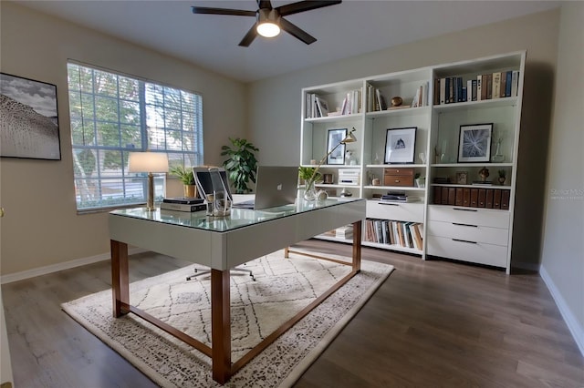 office space featuring ceiling fan and dark wood-type flooring