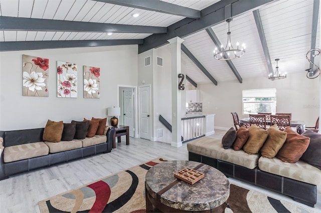 living room with vaulted ceiling with beams, light hardwood / wood-style floors, wood ceiling, and an inviting chandelier