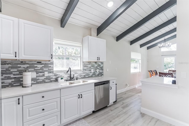 kitchen with dishwasher, sink, light hardwood / wood-style flooring, decorative light fixtures, and white cabinetry