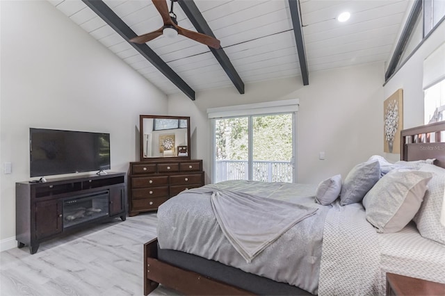 bedroom featuring ceiling fan, lofted ceiling with beams, light hardwood / wood-style floors, and access to outside