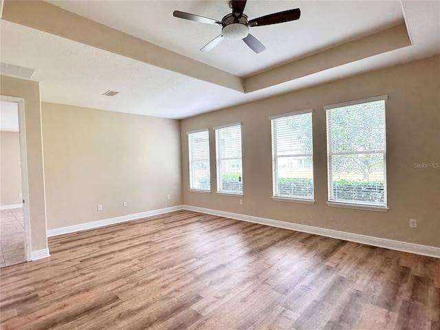 spare room with a wealth of natural light, a raised ceiling, and wood finished floors