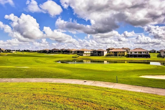 view of home's community featuring a lawn and a water view