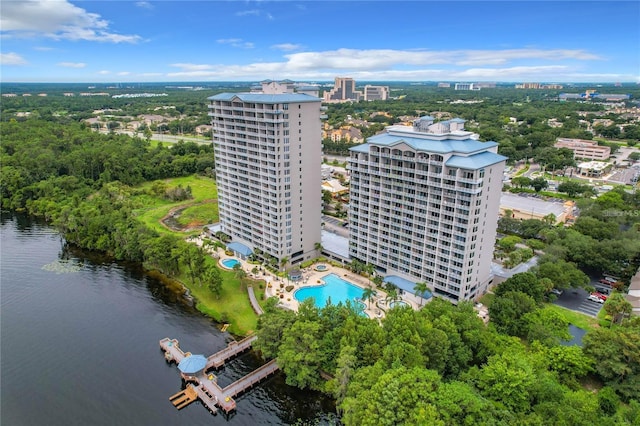 aerial view featuring a water view