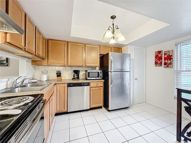 kitchen featuring a sink, stainless steel appliances, backsplash, and a raised ceiling