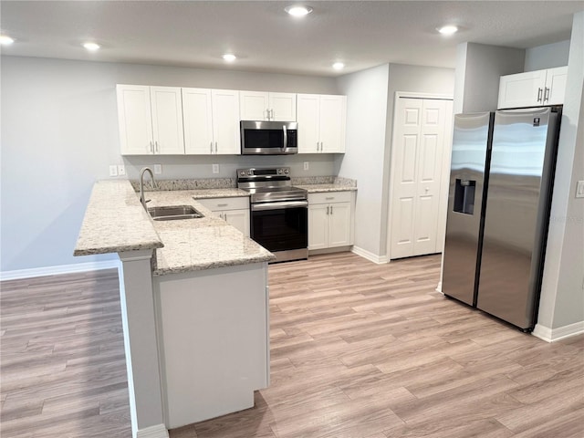 kitchen with a peninsula, a sink, white cabinets, light wood-style floors, and appliances with stainless steel finishes