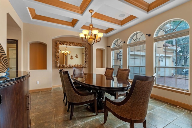 tiled dining space featuring crown molding, beamed ceiling, coffered ceiling, and an inviting chandelier