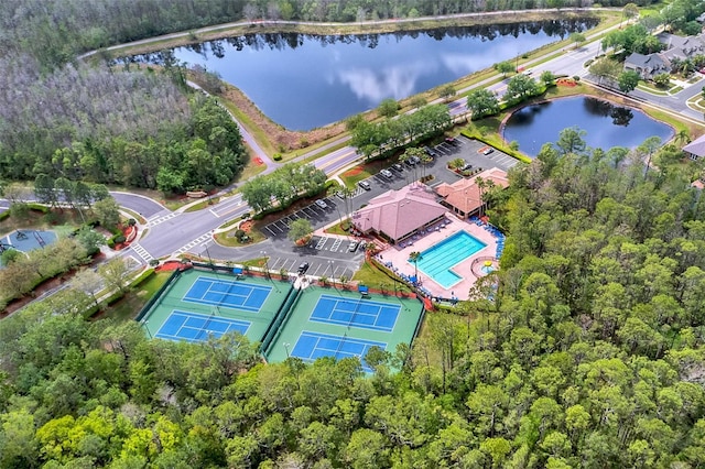 drone / aerial view with a water view