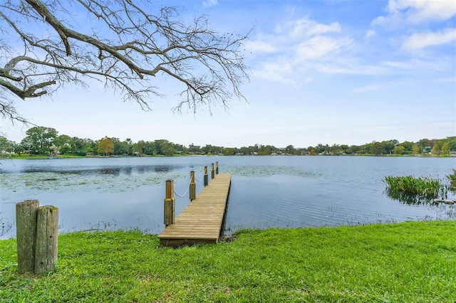 dock area with a lawn and a water view