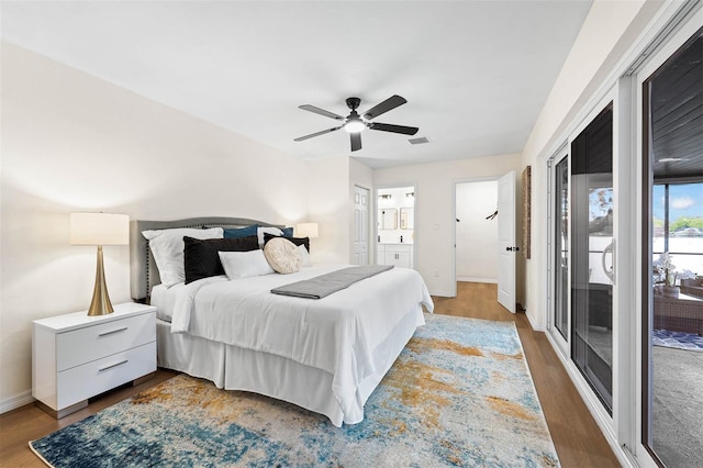 bedroom featuring wood-type flooring, access to outside, and ceiling fan