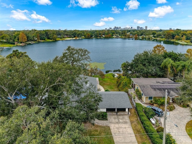 bird's eye view with a water view