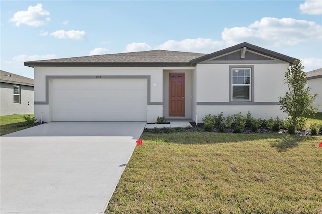 ranch-style house with a garage, a front lawn, driveway, and stucco siding