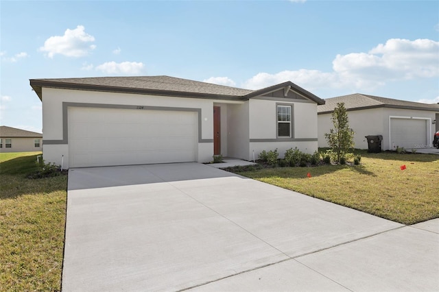 ranch-style home with a front yard, a garage, driveway, and stucco siding