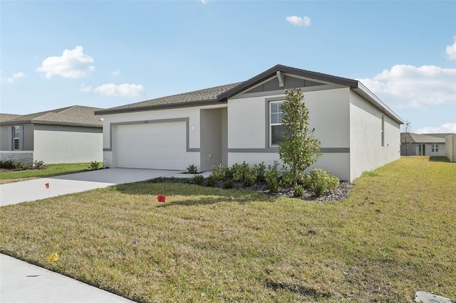 ranch-style home featuring stucco siding, concrete driveway, a front lawn, and a garage