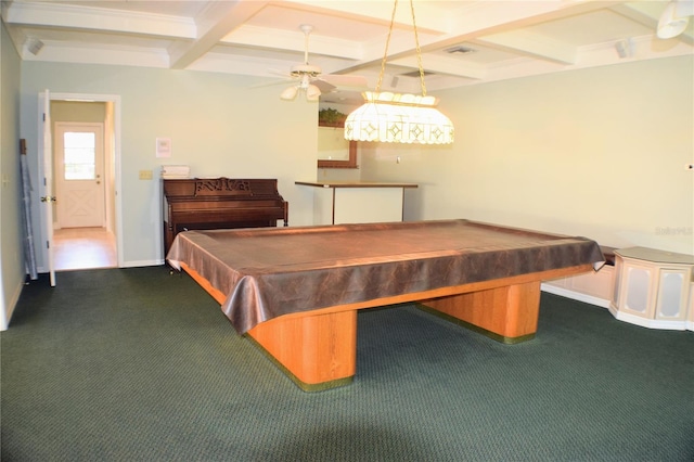 playroom with beam ceiling, carpet floors, and billiards