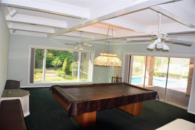 rec room with ceiling fan, carpet floors, and billiards